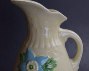 Vintage 1940s Ceramic Hull Cream Color Pitcher With The Star Flower Pattern Marked USA 6-6