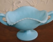 Vintage 1970s Fenton Satin Blue Two Handled Candy Dish Or Compote With THREE FRUITS Pattern