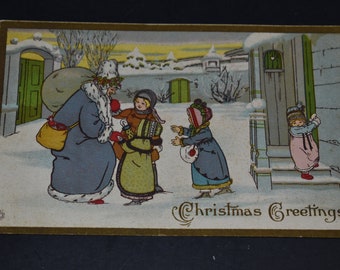 Vintage 1920s Blue Santa Claus Christmas Greetings Postcard Paper Ephemera With Buildings In Background