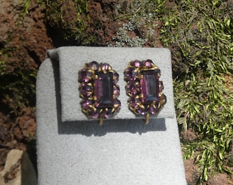 Vintage Art Deco 1920s To 1930s Czechoslovakian Brass Screw Back Earrings With Amethyst Stones