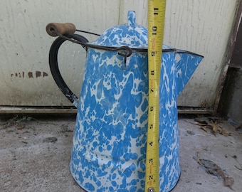 Large Blue And White Swirl Enamelware Coffee Boiler Pot, Vintage Kitchenware