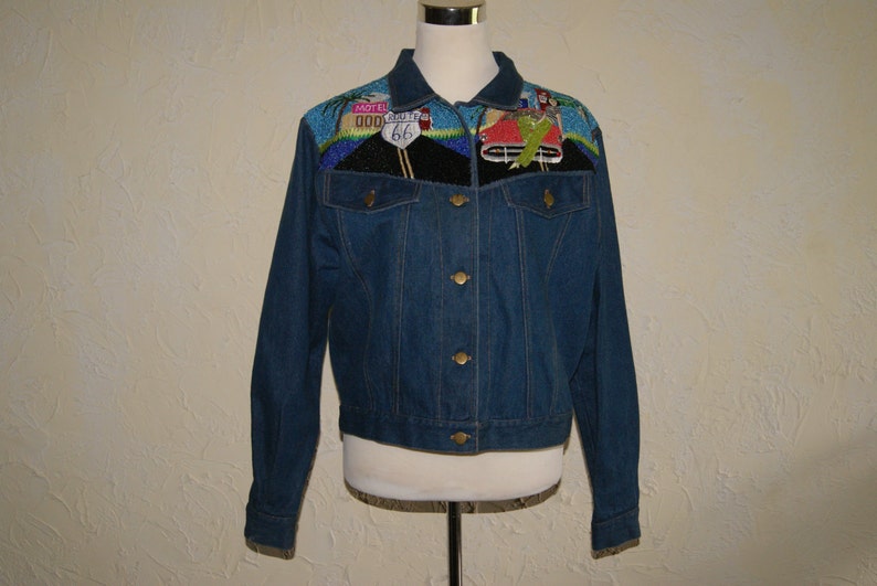 Collectible KK 88 Ladies Blue Denim Jacket Sequined And Beaded Yolk ROUTE 66 Graphic Size Medium