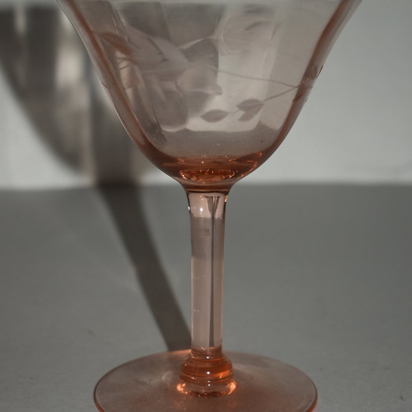 Vintage Pink Depression Glass Etched Champagne Glass Wine Glass Or Cordial Floral Or Leaf Pattern Unmarked