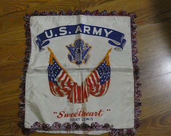 1940s Satin US Army Sweetheart FORT LEWIS Souvenir Pillowcase With Army Logo And Fringe