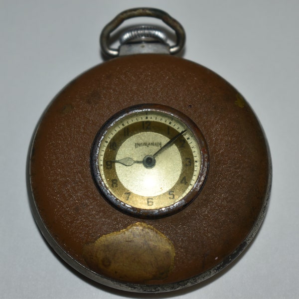 Vintage 1940s To 1950s Mid Century INGRAHAM Pocket Watch Half Hunter Dollar Style Face Brown Enameling On Case