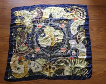 Collectible Scarf Traditional Japanese Wildlife And Fans Pattern Square 100% Silk No Makers Mark