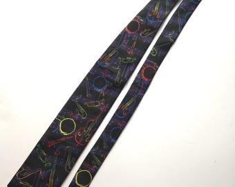 Vintage 1995 Ralph Marlin 100% Silk Necktie With JAZZ Pattern Featuring Instruments And Notes