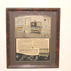 Vintage Framed NESCO Graniteware Original Magazine Ad Stove And Cookware Ladies Home Journal May 1925