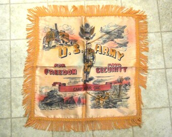 Vintage 1940s Satin US ARMY Camp Adair Oregon Souvenir Pillowcase Salmon Color With Fringe