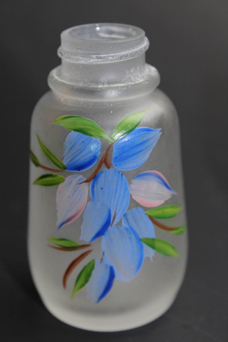 Vintage 1950s Hazel Atlas Frosted Glass Salt And Pepper Shakers With Handpainted Grapes Or Floral Decoration Chrome Lids