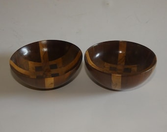 1970s Walnut Maple Inlay Wooden Bowls (Set of 2) – Side Salad Trinket Dishes