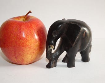 Vintage 1960s To 1970s Small Wooden Ebony Elephant Hand Carved Wood Jungle Animal Toy