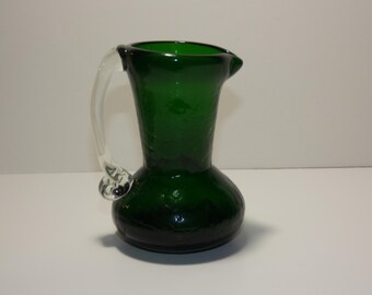 Vintage 1960s Pilgrim Glass Forest Green Creamer Crackle Glass Pattern With Applied Crystal Handle