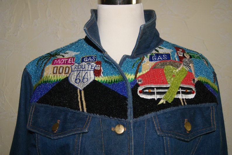 Collectible KK 88 Ladies Blue Denim Jacket Sequined And Beaded Yolk ROUTE 66 Graphic Size Medium