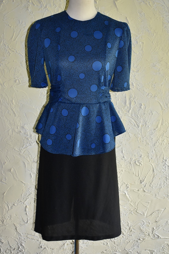 Vintage 1980s Handmade Ladies Peplum Style Dress Blue Bubble Pattern Top and Black Bottom