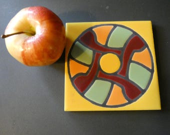 Vintage Small 1983 To 2007 Peola Valley Pottery Tile Southwestern Style Multi Color Pinwheel