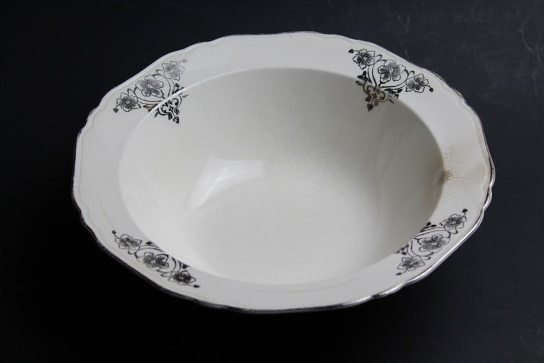 Vintage 1930s CROWN IVORY Serving Bowl Vegetable Bowl Cream With Silver Flowers And Trim