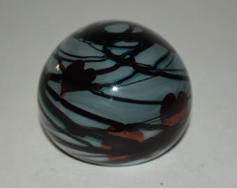Vintage San Juan Art Glass Paperweight: Hearts and Vines, Blue Iridescent