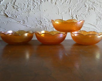 Lot Of 4 Vintage Jeanette Glass Marigold Carnival Glass Berry Bowls With Crackle Pattern