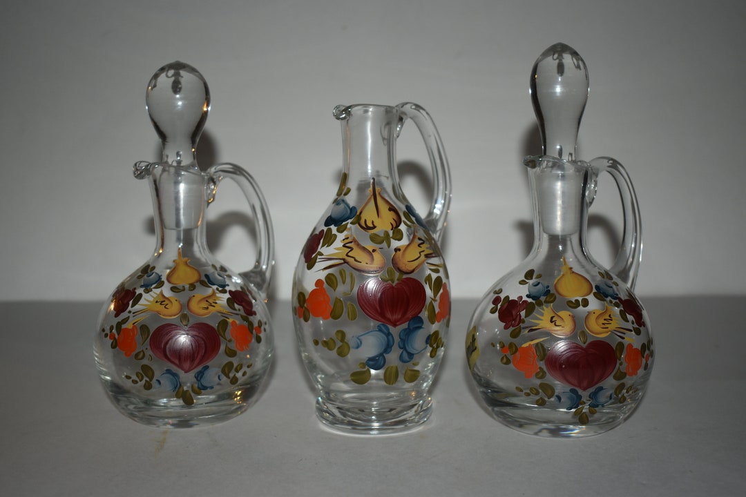 Handgemalt Hand Painted Glass Cruets and Pitcher: Floral Tableware Set ...