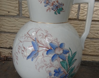 1880s Steubenville Potteries Co Water Jug Or Pitcher Floral Transferware w/ Hand Painted Décor