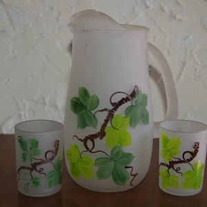Vintage 1950s Frosted Satin Glass Juice Pitcher With Ice Lip And 2 Matching Juice Glasses Hand Painted Leaf Motif