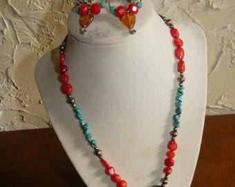 Collectible Southwestern Or Navajo Style Red Coral Turquoise And Silver Necklace And Earring Set