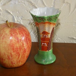 Vintage 1930s Moriage Mini Bud Vase Made In Japan With Multi Colored Outdoor Scene