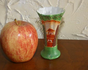 Vintage 1930s Moriage Mini Bud Vase Made In Japan With Multi Colored Outdoor Scene