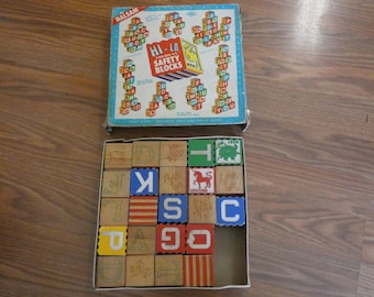 Vintage Mid Century 1950s Halsam Hi-Low American Safety Blocks Wood Blocks In Original Box