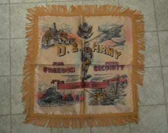 Vintage 1940s Satin US ARMY Camp Adair Oregon Souvenir Pillowcase Salmon Color With Fringe