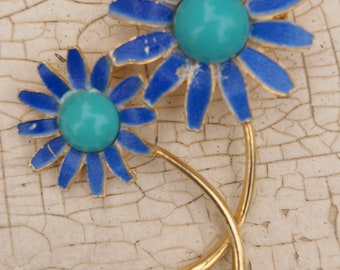 Weiss Signed Floral Pin With Blue Enamel Pedals Gold Plated Stem And Leaves