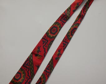 Vintage Circa 1960s Necktie With Paisleys And People On Horseback Red Background Unmarked