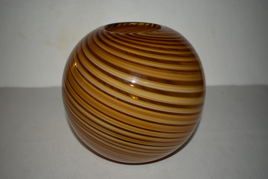 Circa 1980s To 1990s Art Glass Bulbous Round Vase Brown Amber Or Beige And White Unmarked With Polished Pontil Mark Diagonal Swirl Pattern
