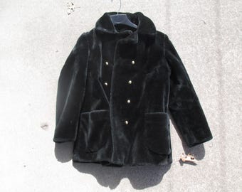 Vintage 1970s Faux Fur Pea Coat: Black Hip Length Jacket, Gold Buttons