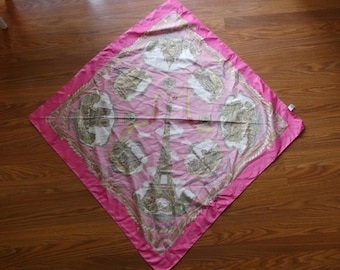 Vintage Pink Paris Souvenir Scarf: Eiffel Tower, Louvre, Notre Dame Landmarks