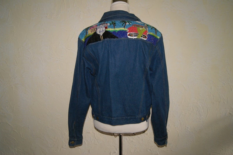 Collectible KK 88 Ladies Blue Denim Jacket Sequined And Beaded Yolk ROUTE 66 Graphic Size Medium