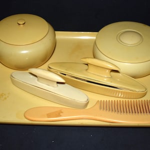 Vintage Art Deco Pyralin Dresser Set: Ivory Vanity Tray, Comb, Nail Buffers