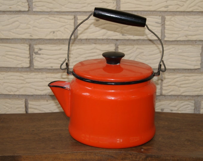 Vintage Large Orange Enamelware Graniteware Teakettle or Etsy