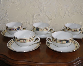 Vintage 1940s Czechoslovakian Tea Cup & Saucer Set: Floral Yellow Black Border