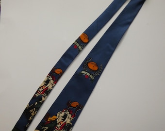 Vintage 1993 Warner Bros Bowl IV Necktie 100% Silk Dark Blue Background Warner Bros