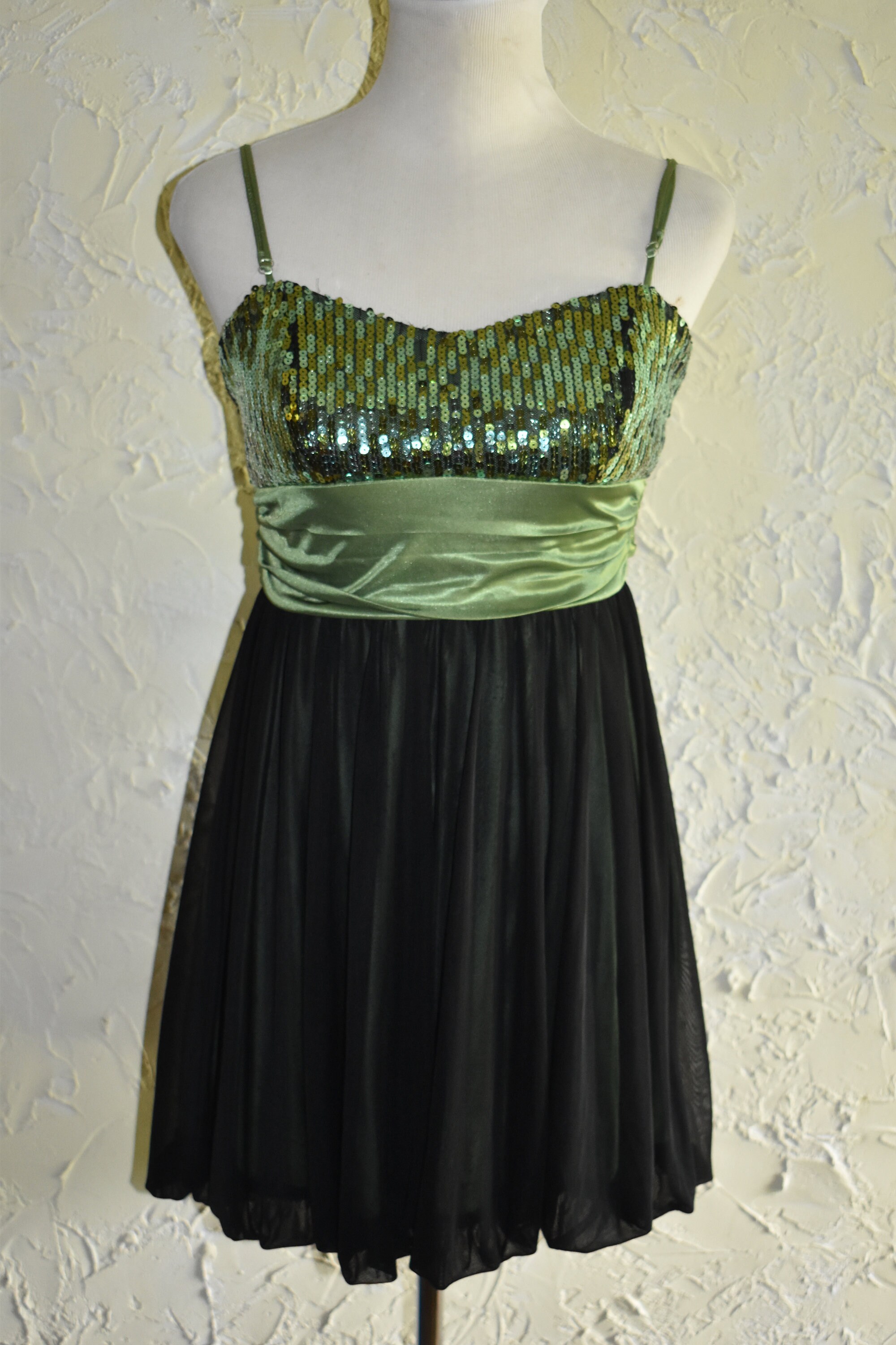Green Sequin Formal Dress: Black Bottom, Spaghetti Straps - Size Medium Green Sequin Formal Dress: Black Bottom, Spaghetti Straps - Size Medium