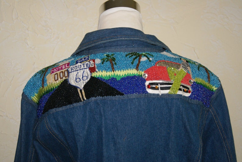 Collectible KK 88 Ladies Blue Denim Jacket Sequined And Beaded Yolk ROUTE 66 Graphic Size Medium