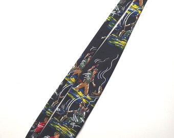 Vintage Circa 1990s AMERICAN SPORTS 100% Polyester Necktie Fly Fisherman Pattern Black Background