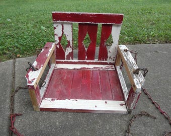 Vintage 1940s Childs Wooden Tree Swing Seat Chair With Chain Weathered Folk Art Patina
