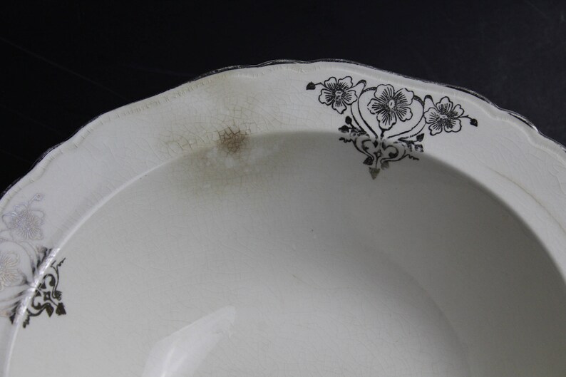 Vintage 1930s CROWN IVORY Serving Bowl Vegetable Bowl Cream With Silver Flowers And Trim