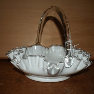 Vintage Fenton Silvercrest Basket: Milk Glass Base, Clear Handle, 1950s