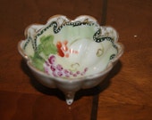 Vintage MORIAGE Hand Painted NIPPON Three Footed Master Salt Fruit Or Grape Motif Gold Trim 1920s