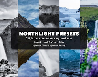 Op de afbeelding: Een digitale productweergave met vijf verticale panelen van IJslandse landschappen, waaronder watervallen, gletsjers en paarse lupinebloemen. De tekst luidt: NORTHLIGHT PRESETS, 5 Lightroom presets from my travel edits, Iceland, Black & White, Color, Lightroom Classic & Lightroom desktop.
