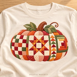 Quilted Pumpkin PNG for Printable Iron-On Shirts, Heirloom Patchwork Fall Design
